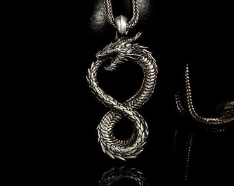 Unendlichkeits-Halskette mit Drachen Anhänger aus oxidiertem Sterlingsilber