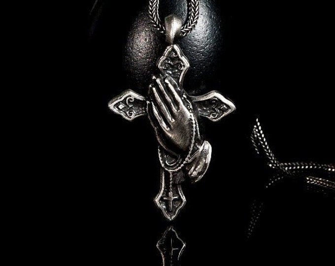Praying Hands Crucifix Necklace, 925K Silver Cross Necklace, Religious Cross Gift, Christian's Gift, Cross Necklace, Mens Accessories
