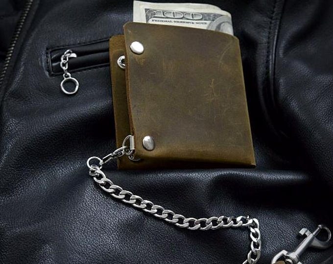 Biker Wallet Crads and Cash Leather Wallet Mens Leather Wallet  Great for Cards  Chain Wallet Crazy Horse Leather Cigar Thin Walltet