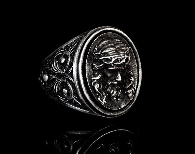 Handmade Jesus Christ Sterling Silver Signet Ring: Religious Band