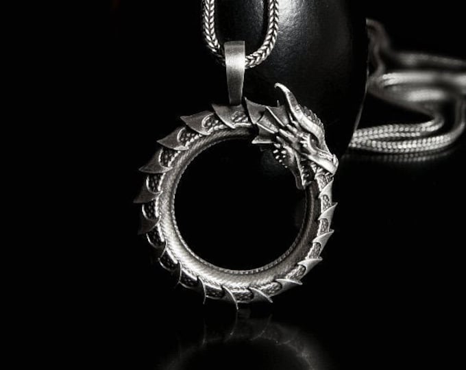 Ouroboros Silver Pendant, Dragon Silver Pendant, Dragon Eating Its Tail, Ouroboros Ancient Egyptian Symbol, Mythical Dragon Pendant