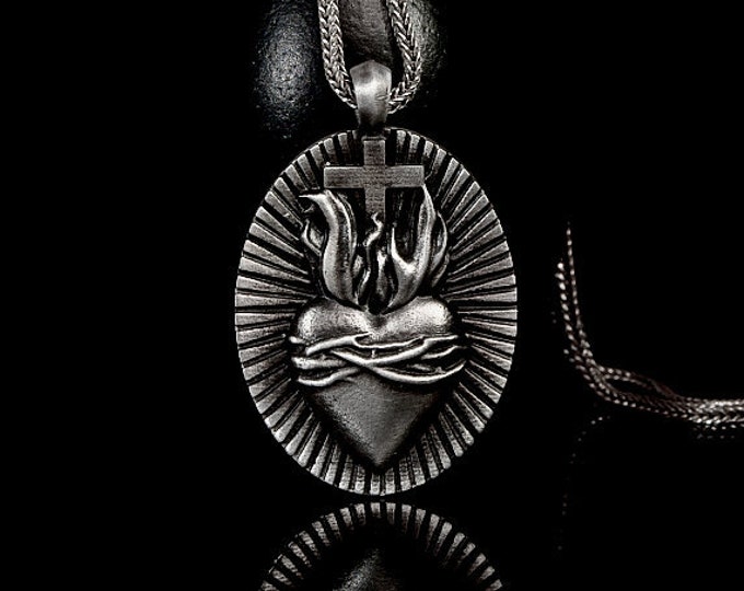 Silver Heart Pendant Cross Pendant Flaming Heart Pendant Handmade Flaming Cross Jesus Crucifix Sacred Heart Gift Ideas Silver Necklace