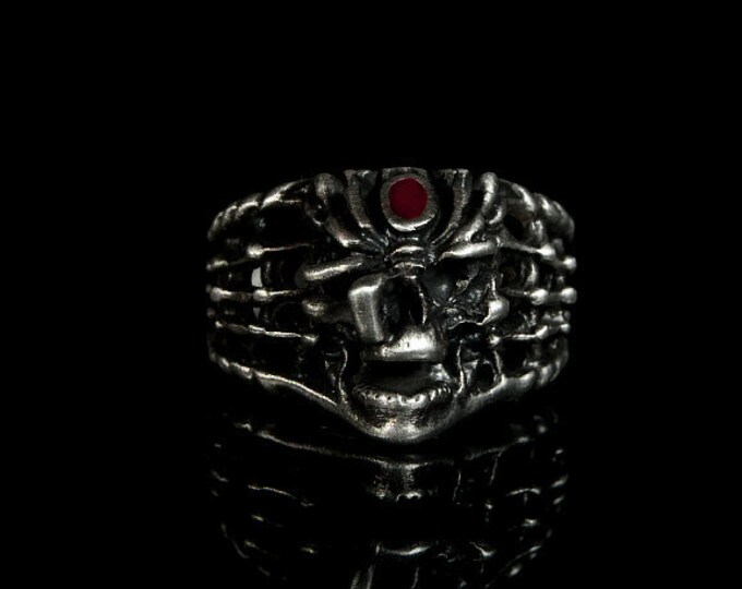 Silver Spider Skull Ring, Spider Ring, Spider Skull, Red Enamel Spider Skull, Skull Ring, Silver Spider Ring, Spiders Web Ring, Gift for Him