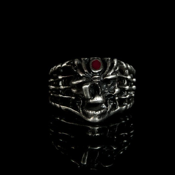 Silver Spider Skull Ring, Spider Ring, Spider Skull, Red Use l émail Spider Skull, Skull Ring, Silver Spider Ring, Spiders Web Ring, Cadeau pour lui