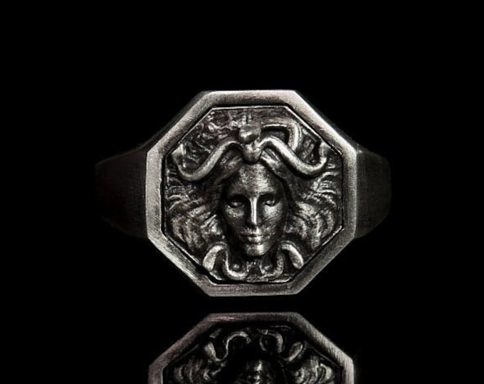 Silver Medusa Ring Seal Ring Handmade Band Rings Gift Ideas Signet Ring Medusa Detailed Face 925 Silver Seal Ring Stylish Ideas Gift For Him