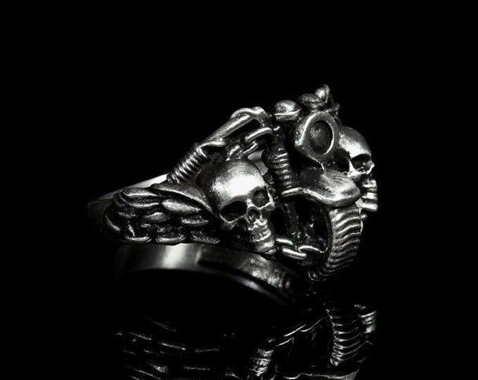 Motorcyclist Ring, Silver Biker Ring,  Easyrider Ring, Motorbike Skull Ring, Wings, Freebird, Bikers Silver Ring, Easy Rider Silver Ring