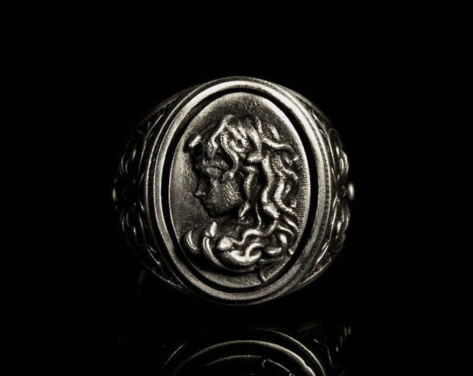 Silver Medusas Head Ring Stone Medusa Silver Ring Mythical Creature Silver Ring Creative Ring Ideas Creative Unique Gift Ideas