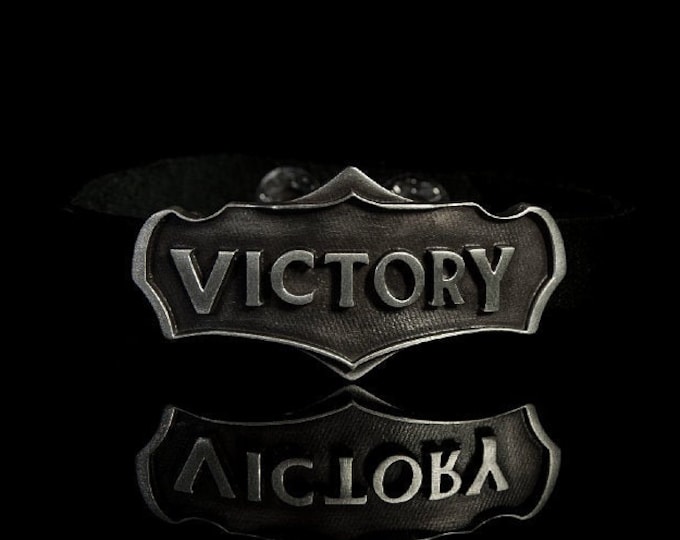 Silver Victory Plate, Leather Arm Band, Victory League of Legends Band, Leather Band League of Legends, Victory Silver Plate Armband, Gifts