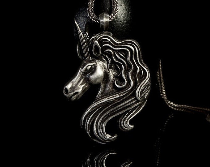 Silver Unicorn Pendant Mythical Creature Silver Necklace Legendary Unicorn Pendant Fantasy Designs Mullet Unicorn Head Silver Pendant Gifts