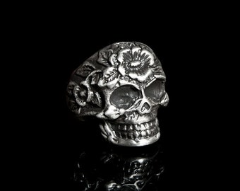 Flower Skull Sterling Silver Ring - Biker Men's Jewelry