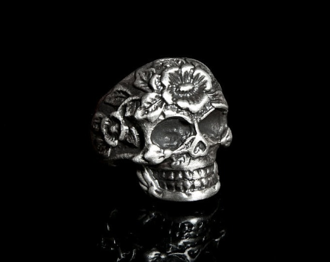 Flower Skull Ring, Biker Men Ring, Skull Ring, Mens Silver Oxidized, Skull Siver Ring, Men Jewelry, Silver Men Accessory, Mexican Skull Ring