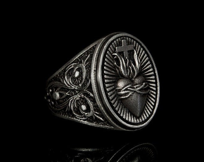 Silver Heart Signet Ring Handmade Heart Cross Ring Flames Detailed Seal Silver Ring Men Style Gift for Him Unique Handmade Design Gift Ideas