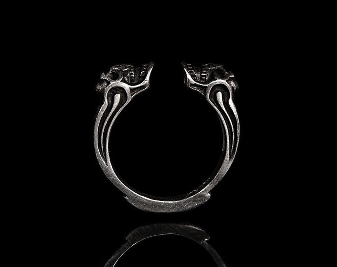 Double Skulls Silver Ring, Handmade, Adjustable, Doulbe Skull Ring 925 Sterling Silver Mens Wear Biker Ring