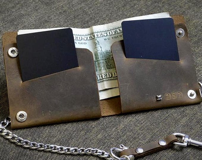 Crads and Cash Leather Wallet Mens Leather Wallet  Great for Cards  Biker Wallet  Chain Wallet Crazy Horse Leather Cigar Thin Walltet