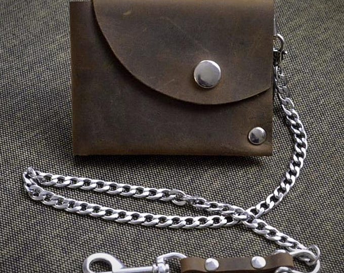 Mens Leather Wallet Crads and Cash Leather Wallet Minimal Biker Wallet  Chain Wallet Crazy Horse Leather Cigar Thin Walltet