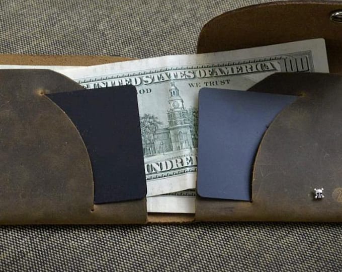 Mens Leather Wallet Crads and Cash Leather Wallet Minimal Biker Wallet  Chain Wallet Crazy Horse Leather Cigar Thin Walltet