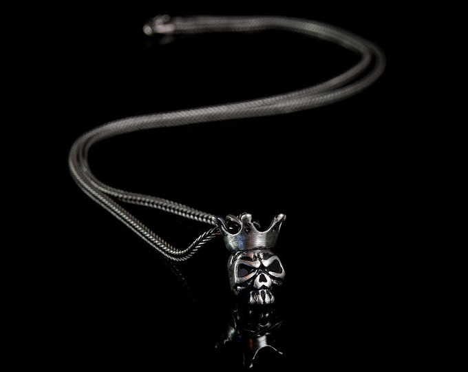 King Skull Pendant, Silver Skull Necklace, Silver Skull Pendant, Small Skull Pendant, Skull With Crown, Oxidized Silver Skull, Gothic Punk