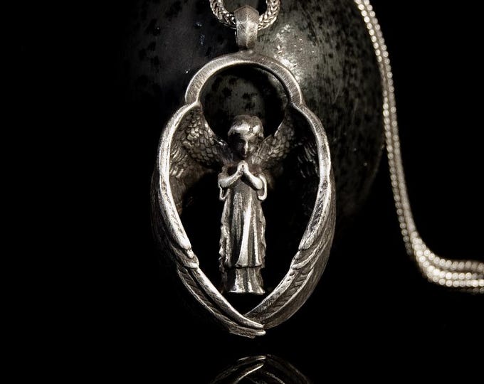 Angel Pendant Handmade Praying : Sterling Silver Necklace