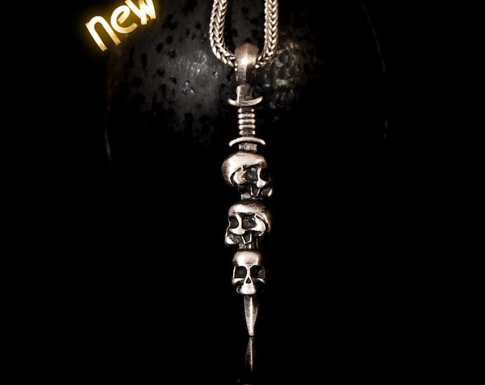 Sword Three Skulls Oxidized Sterling Silver Skull Pendant - Gothic Necklace