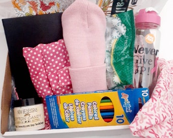 Op de afbeelding: Een witte cadeaudoos gevuld met verschillende items, waaronder een roze muts, een roze stoffen tas met witte stippen, een klein potje crème, een doos kleurpotloden, een groene zak met snoep, een roze waterfles met de tekst "Never Give Up!" en een roze stof met roze linten.