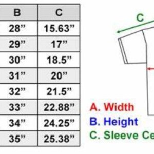 May include: A size chart for a t-shirt with measurements in inches for width, height, and sleeve center back. Sizes range from S to 5XL.