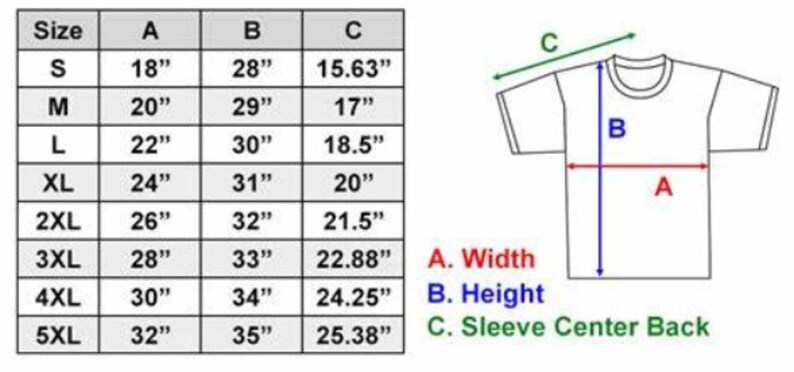 May include: A size chart for a t-shirt with measurements in inches for width, height, and sleeve center back. Sizes range from S to 5XL.