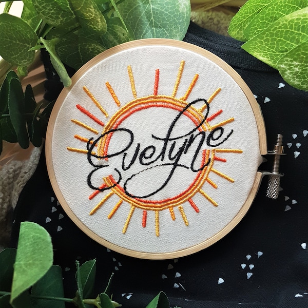 Customized Embroidered | Baby Name | Wedding initiales | Quote | on Natural Linen Fabric. Bamboo embroidery hoop.