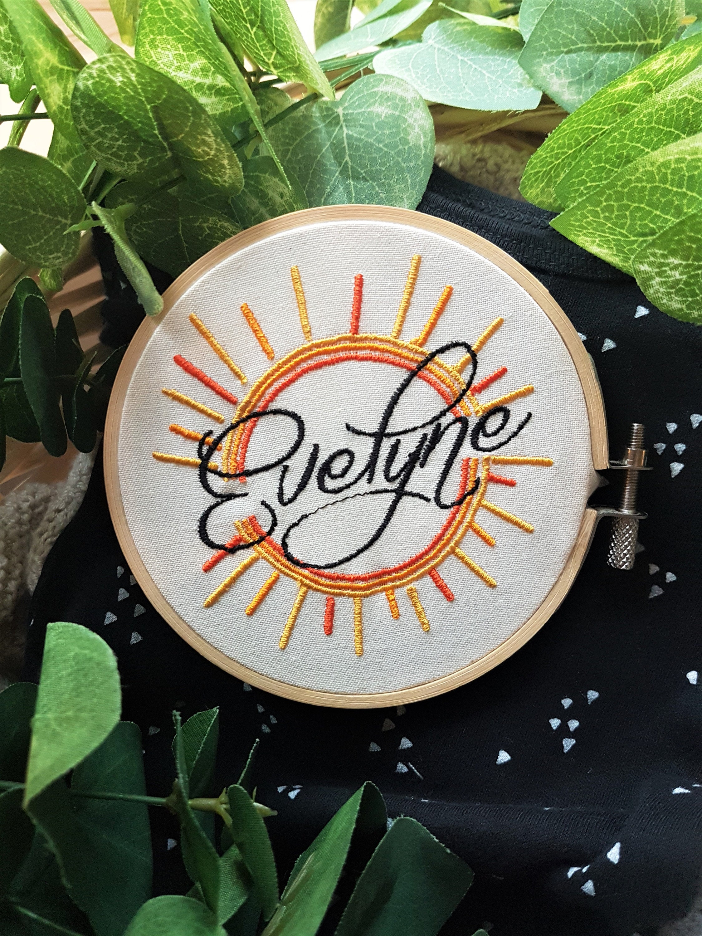 Customized Embroidered | Baby Name | Wedding initiales | Quote | on Natural Linen Fabric. Bamboo embroidery hoop.