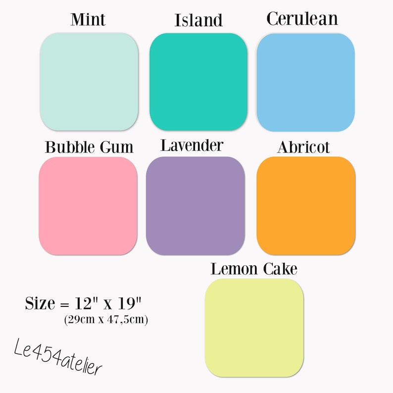 Pu&ograve; includere: Un set di 7 campioni di colore, ognuno misura 12 pollici per 19 pollici (29 cm x 47,5 cm). I colori sono Menta, Isola, Azzurro, Bubble Gum, Lavanda, Albicocca e Torta al Limone.