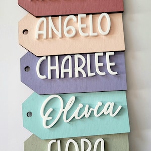 Peut inclure: Cinq étiquettes en bois avec des noms différents écrits en lettres blanches en relief. Les noms sont Annabelle, Angelo, Charlee, Olivia et Flora. Les étiquettes sont peintes dans différentes couleurs : marron, pêche, violet, bleu clair et vert.