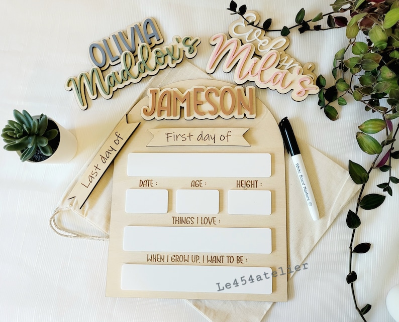 Personalized first day of school sign made of wood with child’s name and school details