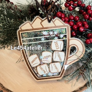 Family Ornament - Christmas Hot Chocolate | Wood & Acrylic Personalized Ornament | Family Member Names | Marshmallow | shake