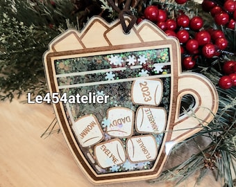 Family Ornament - Christmas Hot Chocolate | Wood & Acrylic Personalized Ornament | Family Member Names | Marshmallow | shake