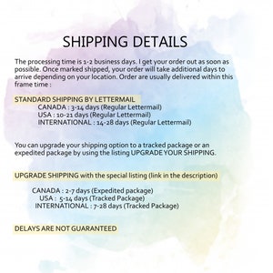 Puede incluir: Un gr&aacute;fico con el texto "SHIPPING DETAILS" en un cuadro blanco sobre un fondo de acuarela rosa y azul. El texto describe el tiempo de procesamiento y las opciones de env&iacute;o para pedidos en Canad&aacute;, EE. UU. e internacionales. El texto incluye las siguientes opciones de env&iacute;o: Env&iacute;o est&aacute;ndar por correo, Env&iacute;o mejorado y Los retrasos no est&aacute;n garantizados.
