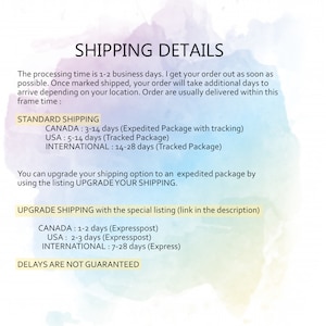 May include: Shipping details for orders. Processing time is 1-2 business days. Standard shipping times are 3-14 days for Canada, 5-14 days for the USA, and 14-28 days for international orders. Expedited shipping options are available for an additional cost.