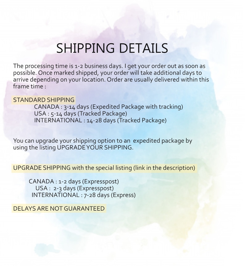 May include: Shipping details for orders. Processing time is 1-2 business days. Standard shipping times are 3-14 days for Canada, 5-14 days for the USA, and 14-28 days for international orders. Expedited shipping options are available for an additional cost.