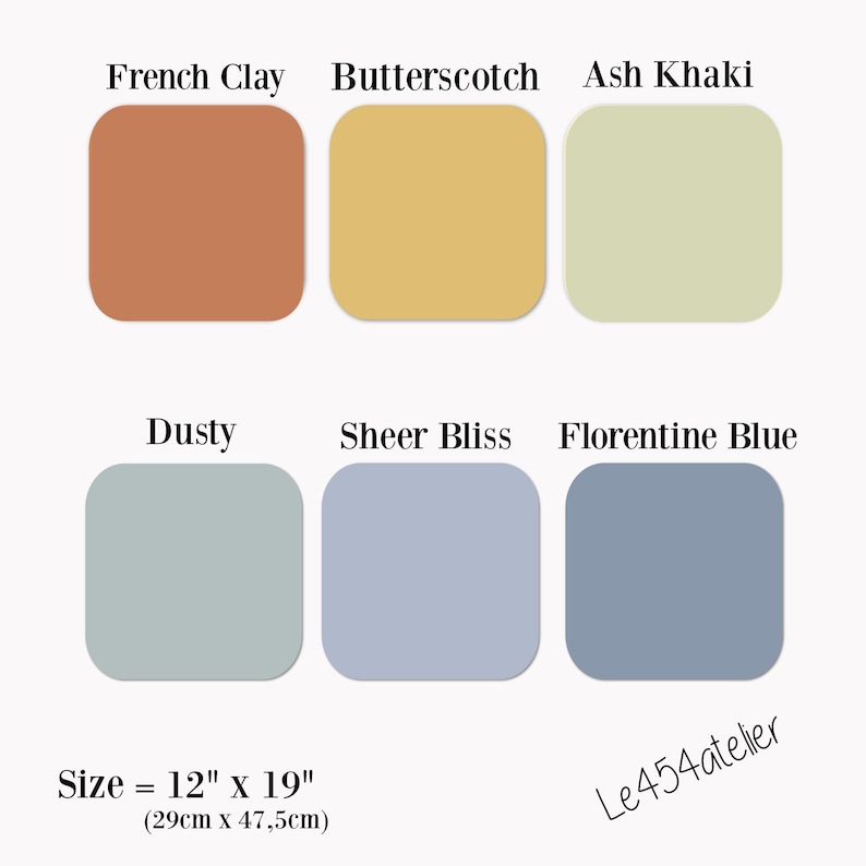 Pu&ograve; includere: Sei campioni di colore su uno sfondo bianco. I colori sono French Clay, Butterscotch, Ash Khaki, Dusty, Sheer Bliss e Florentine Blue. I campioni misurano 12 pollici per 19 pollici, ovvero 29 centimetri per 47,5 centimetri.
