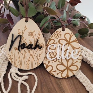 Personalized Easter Basket Tag | Custom Floral Tag | Easter Egg | Wooden Kids Name Tag | Gift Tag