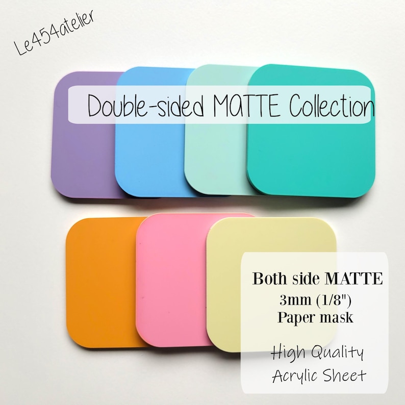 Pu&ograve; includere: Una collezione di fogli di acrilico opaco a doppia faccia da 3 mm di spessore in vari colori. Il testo "Double-sided MATTE Collection" &egrave; nella parte superiore dell'immagine. Il testo "Both side MATTE 3mm (1/8") Paper mask High Quality Acrylic Sheet" &egrave; nella parte inferiore dell'immagine.