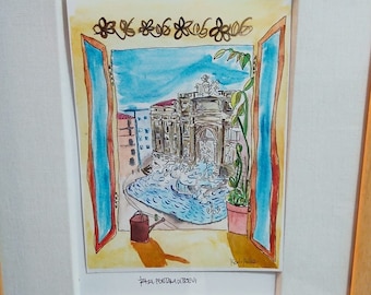 Puede incluir: Una pintura de acuarela de una fuente en una plaza de la ciudad, vista a través de una ventana abierta. La fuente está rodeada de edificios y árboles. La pintura está enmarcada en un marco de madera claro.