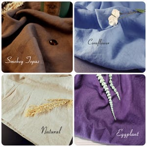May include: A collage of four fabric swatches in different colors. The top left swatch is Smokey Topaz, a brown color. The top right swatch is Cornflower, a light blue color. The bottom left swatch is Natural, a beige color. The bottom right swatch is Eggplant, a purple color.
