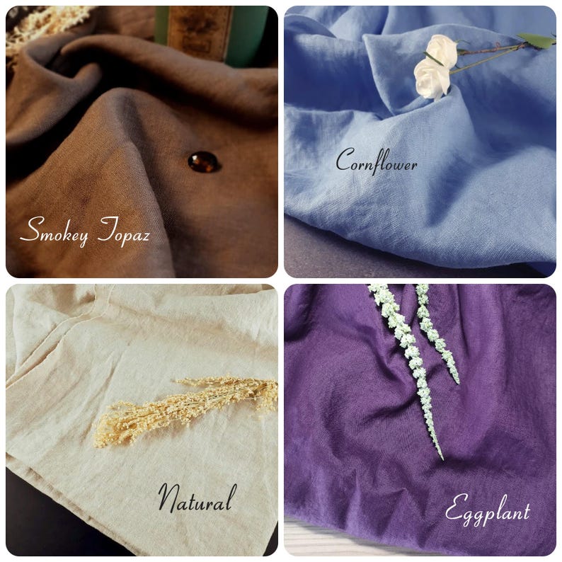 May include: A collage of four fabric swatches in different colors. The top left swatch is Smokey Topaz, a brown color. The top right swatch is Cornflower, a light blue color. The bottom left swatch is Natural, a beige color. The bottom right swatch is Eggplant, a purple color.