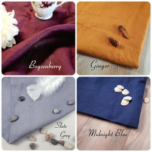 May include: Four fabric swatches in Boysenberry, Ginger, Slate Grey, and Midnight Blue. The Boysenberry swatch has a white flower and a teacup. The Ginger swatch has two small pinecones. The Slate Grey swatch has a feather and small stones. The Midnight Blue swatch has small shells.