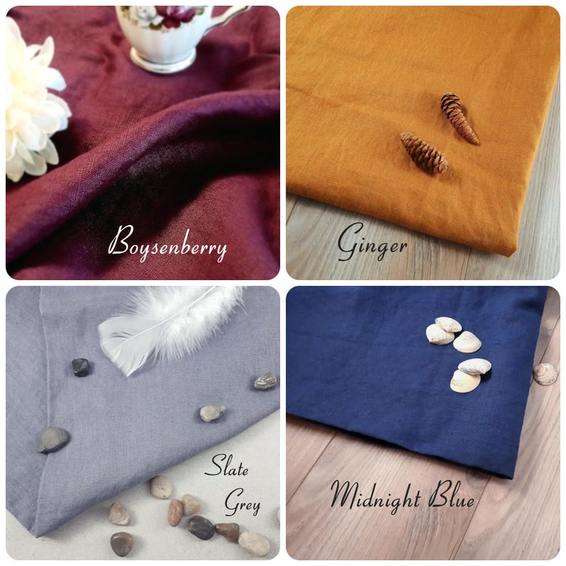 May include: Four fabric swatches in Boysenberry, Ginger, Slate Grey, and Midnight Blue. The Boysenberry swatch has a white flower and a teacup. The Ginger swatch has two small pinecones. The Slate Grey swatch has a feather and small stones. The Midnight Blue swatch has small shells.