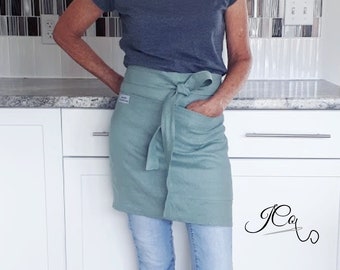 Linen Half Apron, short version, Barista, Waitress, Cafe - Double Pocket