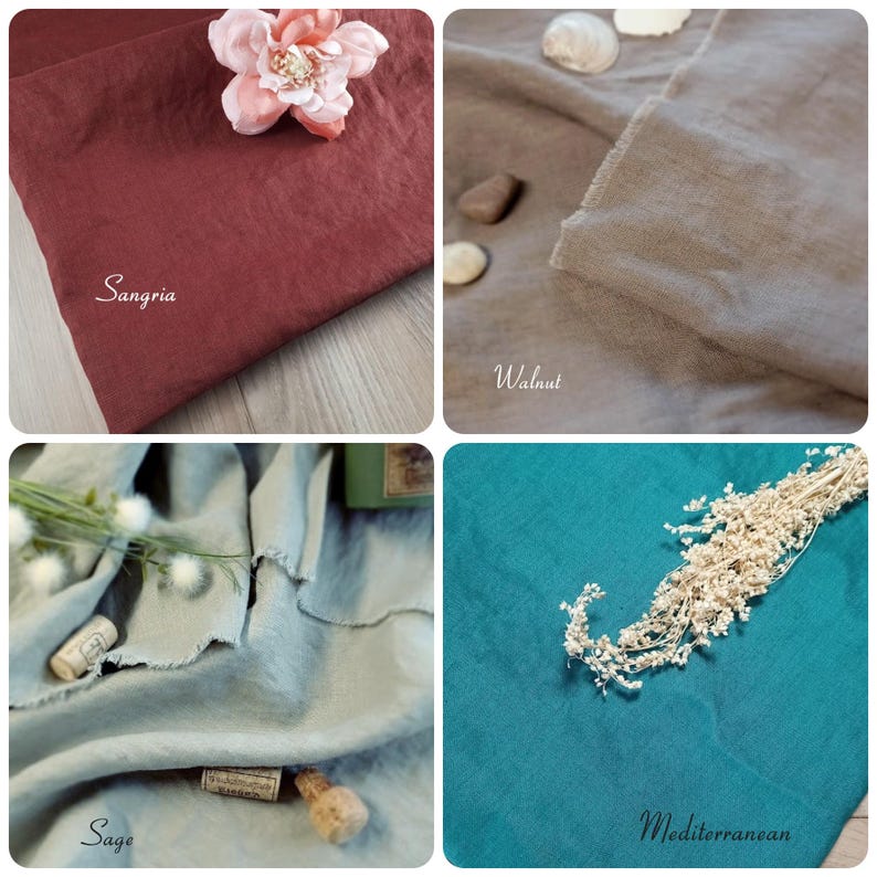 May include: Four fabric swatches in Sangria, Walnut, Sage, and Mediterranean colors. The Sangria swatch is a deep red with a flower. The Walnut swatch is a light brown. The Sage swatch is a muted green. The Mediterranean swatch is a teal blue.