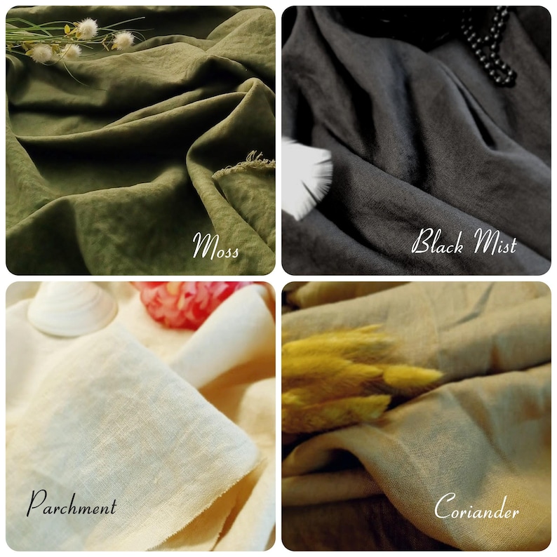May include: Four fabric swatches in a square arrangement. The top left swatch is moss green, the top right is black, the bottom left is parchment, and the bottom right is coriander. Each swatch has a name written on it.