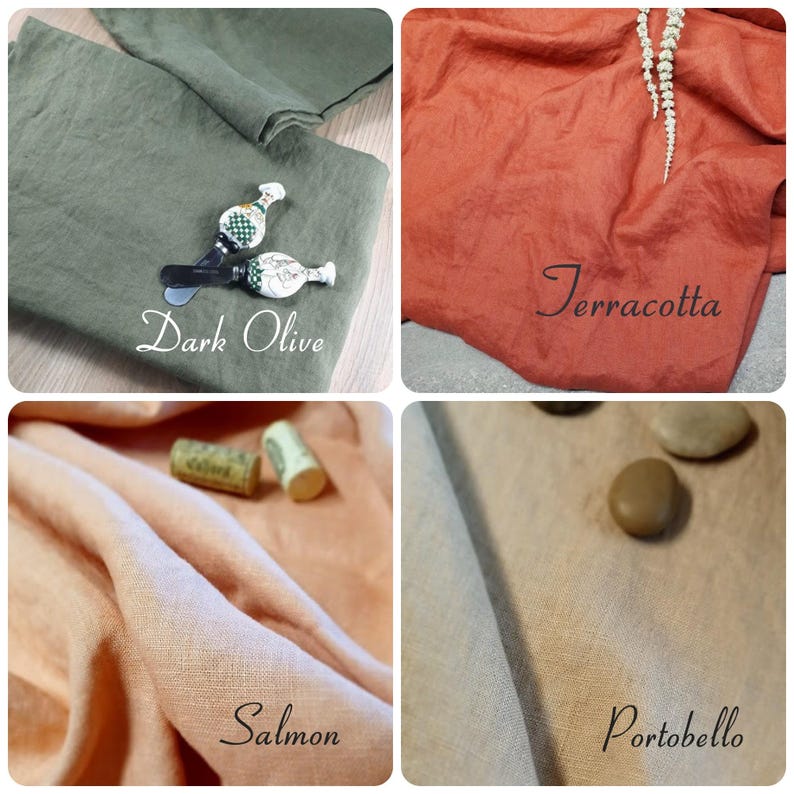 May include: A collage of four fabric swatches in various colors: dark olive green, terracotta, salmon, and portobello. The dark olive swatch has a decorative bottle opener. The terracotta swatch has a white floral accent. The salmon swatch has corks. The portobello swatch has stones.