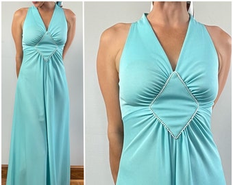 Vintage 70s Halter Maxi Dress/1970's Faux Pearl Halter Neck Summer Maxi Dress/Robins Egg Blue Formal Party Gown/Size XS