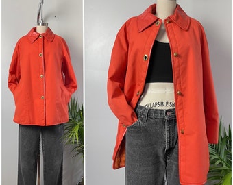 Vintage 60s Canvas and Leather Coat/1960's Sills by Bonnie Cashin Persimmon Orange Leather Trim Fur Lined Mod Coat/MidCentury Swing/Size S